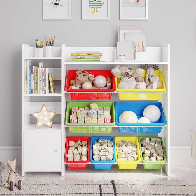 White Kids Toy Storage Organizer with Bookshelf and Colorful Bins