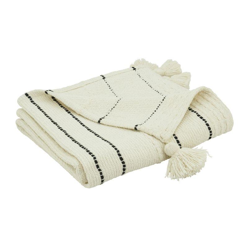 Ivory Cotton Stripe Chunky Tassel Throw Blanket