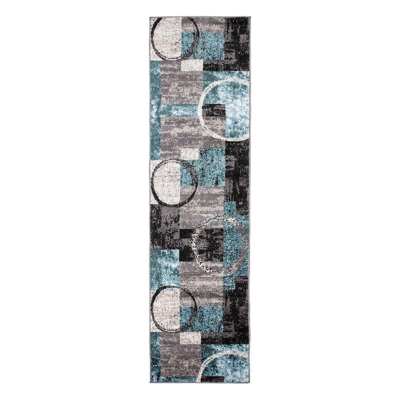 Gray and Teal Abstract Geometric Runner Rug 2'7" x 12'