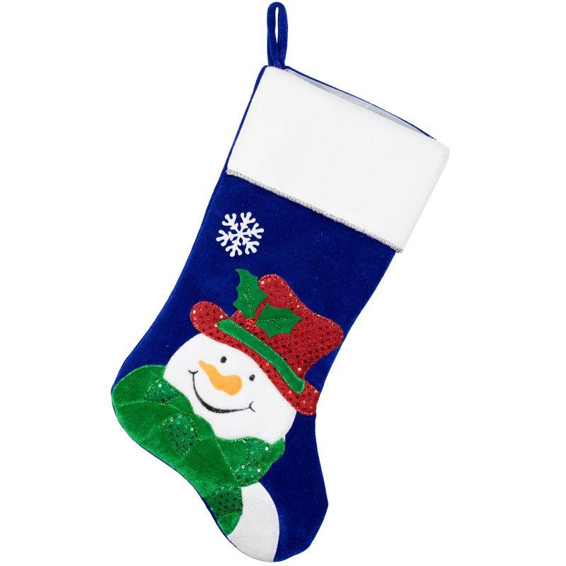 Royal Blue Velveteen Snowman Christmas Stocking with White Cuff