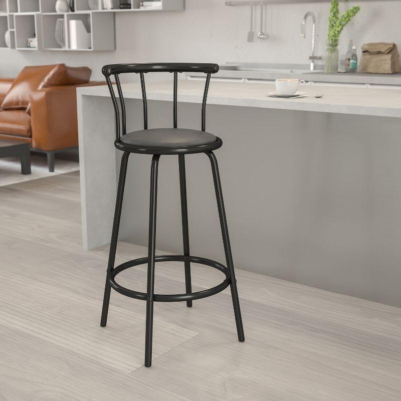 Elegant Crown Back Black Leather Swivel Barstool with Metal Frame