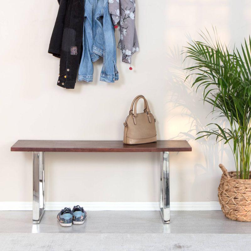 Sleek Dark Walnut Wood Bench with Chrome Stainless Steel Legs