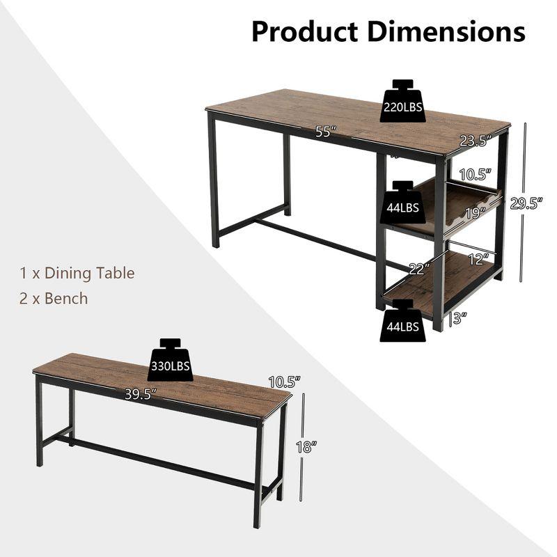 Costway 3 PCS Dining Table Set for 4 Kitchen Dining Room Table & 2 Benches W/ Rack