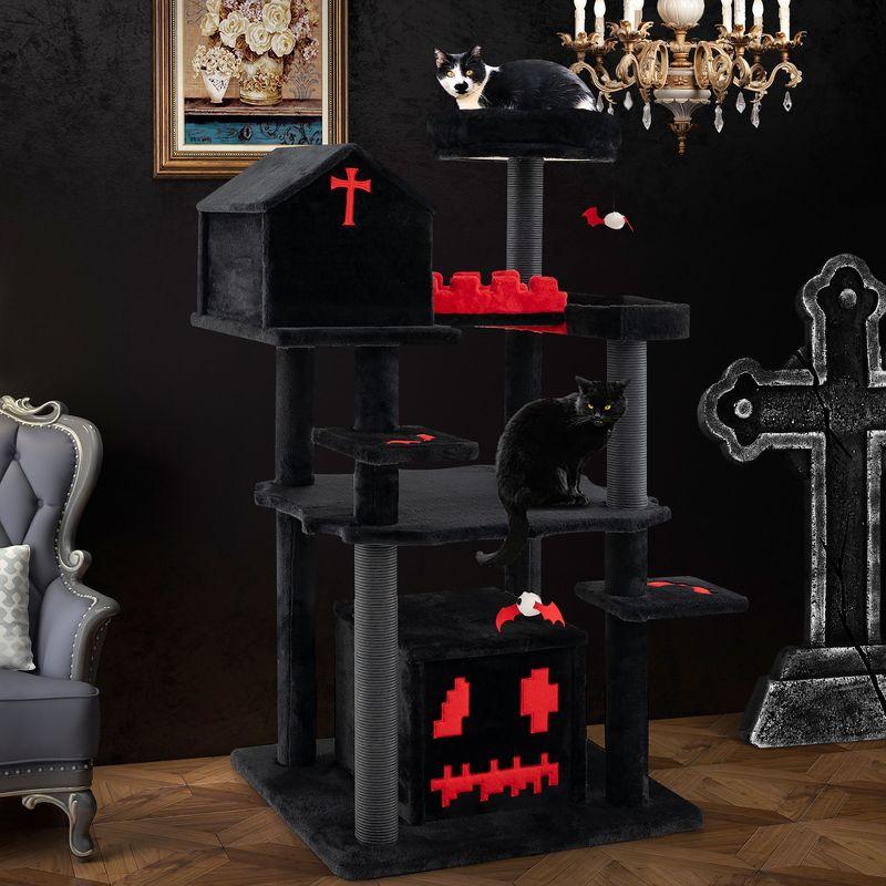 Tangkula Gothic Cat Tree 49" Tall Cat Tower w/ Coffin Bed & 2 Condos & Cozy Perch