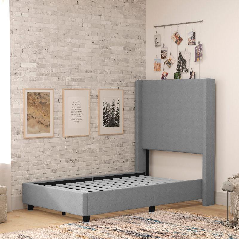 Flash Furniture Quinn Twin Upholstered Platform Bed with Channel Stitched Wingback Headboard, No Box Spring Needed, Gray