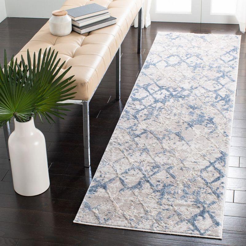 Light Grey and Blue Trellis Stain-Resistant Synthetic Rug