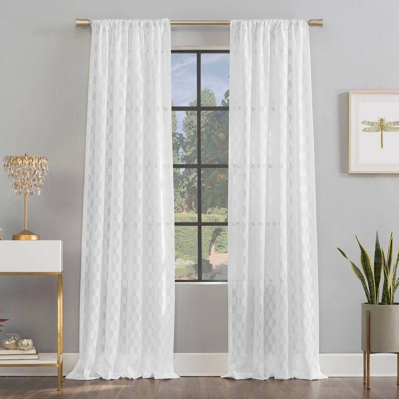 White Geometric Clipped Jacquard Light-Filtering Rod Pocket Curtain Panel