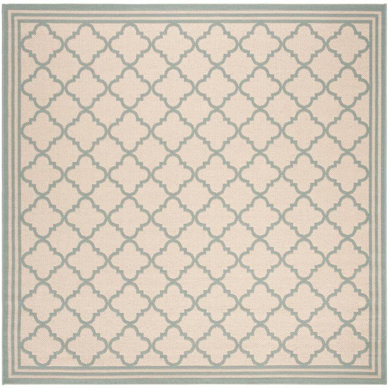 Aqua and Cream Geometric Square Indoor/Outdoor Rug