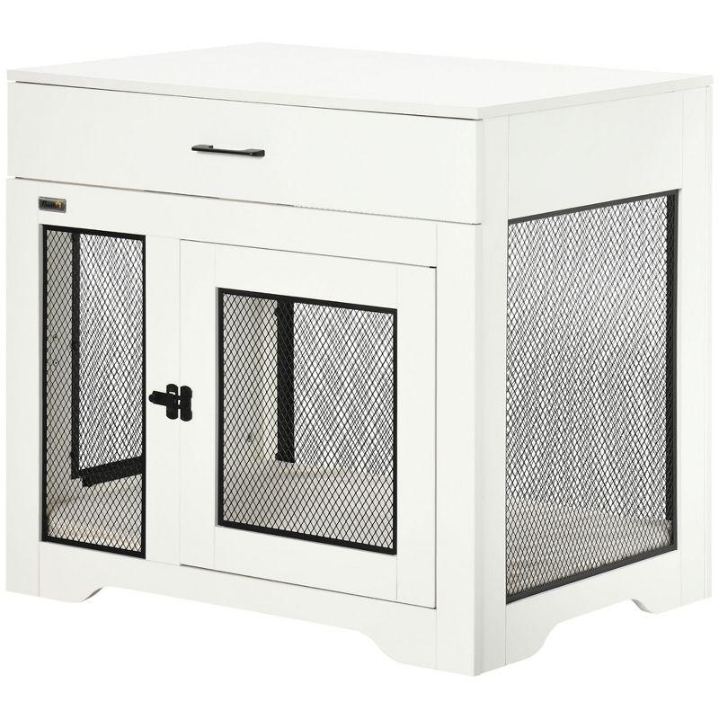 PawHut Dog Crate Furniture with Soft Water-Resistant Cushion, Dog Kennel End Table with Drawer, Puppy Crate for Small Dogs Indoor with 2 Doors, White