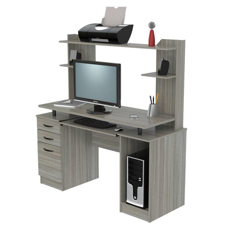 Computer Workcentre With Hutch Smoke Oak - Inval: Modern Laminate Writing Desk, MDF Frame, Open Shelf Storage