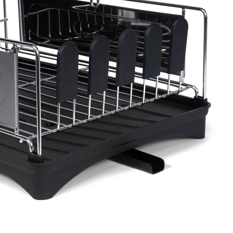 happimess Compact 18.25" 2-Tier Fingerprint-Proof Stainless Steel Dish Drying Rack with Swivel Spout Tray, Stainless Steel/Black