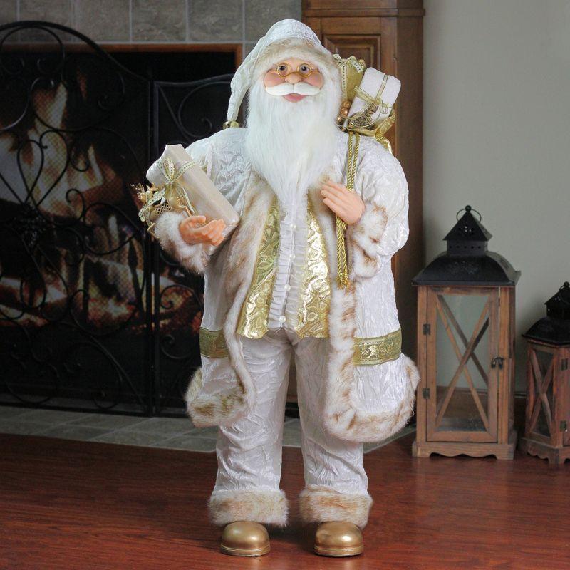 36" Winter White and Gold Santa Claus Christmas Figurine with Gift Bag