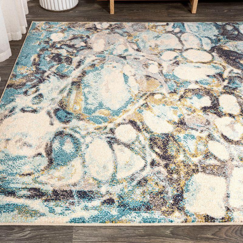 Pebble Blue and Beige Marbled Abstract Runner Rug