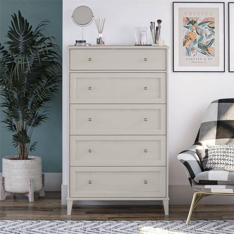 Taupe Tall 5-Drawer Dresser with Gold Hardware