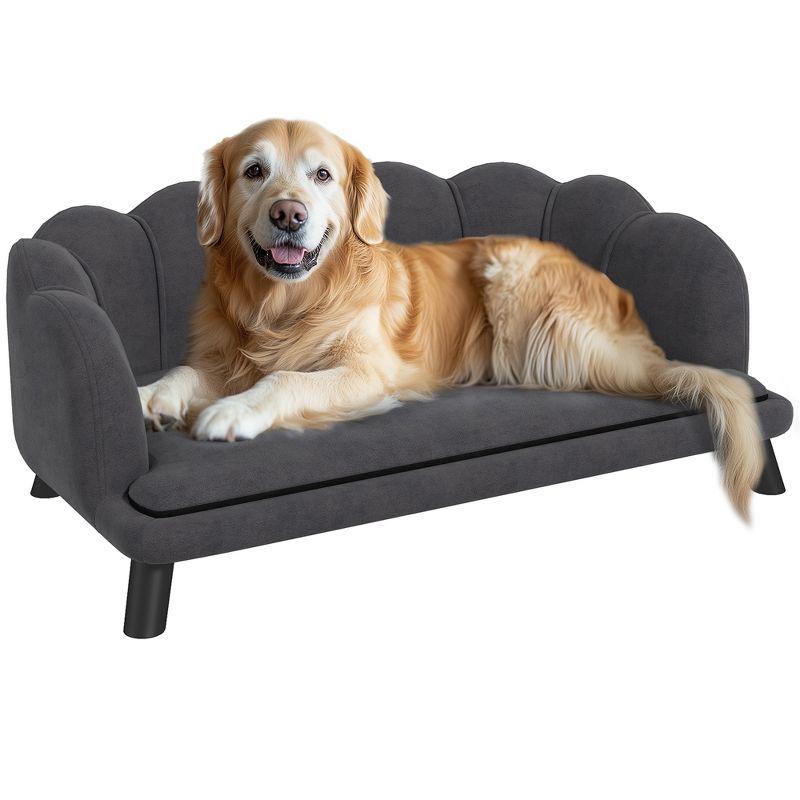 PawHut Pearl Design Pet Sofa for Medium and Large Sized Dogs, Pet Bed with Cushion and Solid Wood Legs, Charcoal Gray