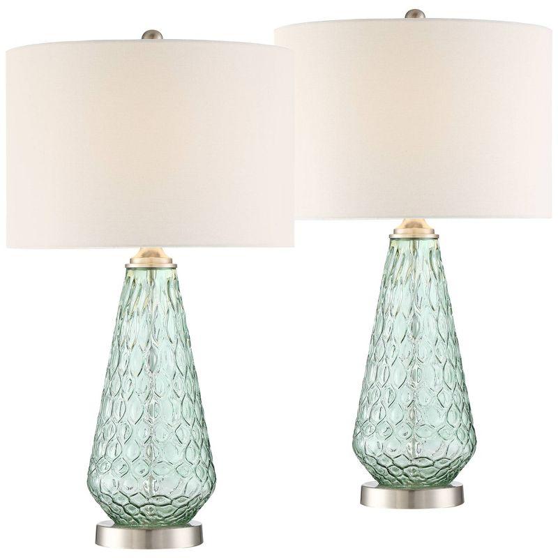 Seafoam Green Glass Table Lamps with Off-White Shades, Set of 2