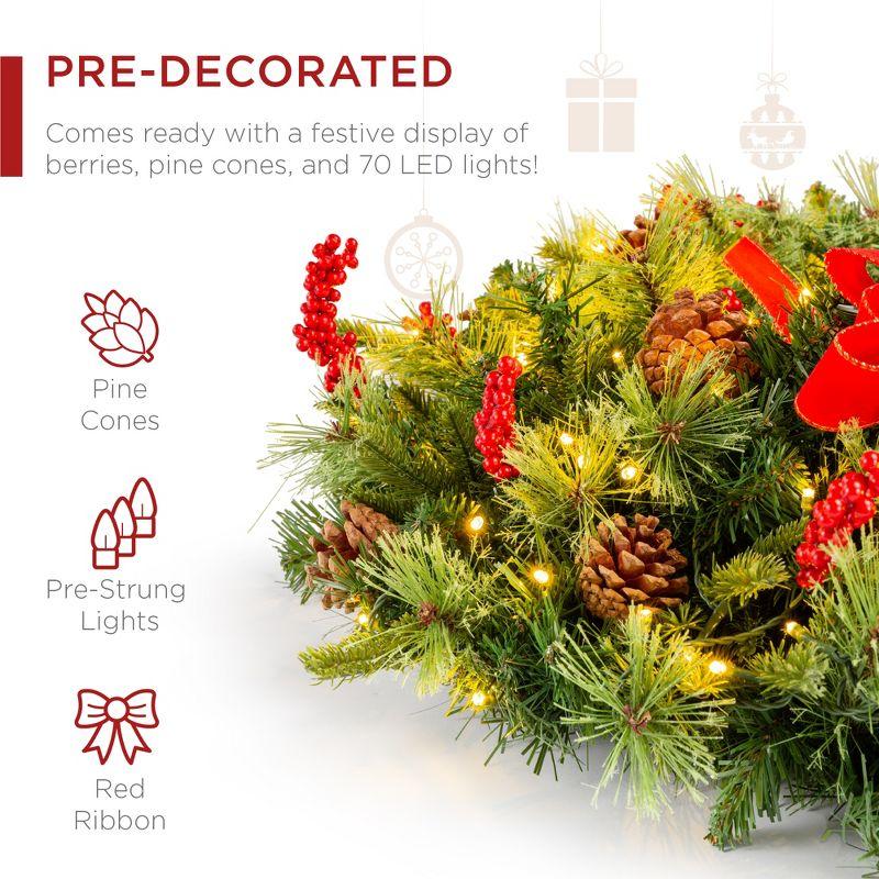 Best Choice Products Pre-Lit Battery Powered Christmas Wreath Decoration w/ PVC Tips, Ribbons