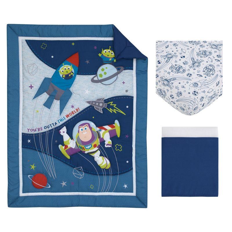 NoJo Disney Toy Story Outta This World Blue and Gray 3 Piece Nursery Crib Bedding Set - Comforter,  Fitted Crib Sheet, and Crib Skirt