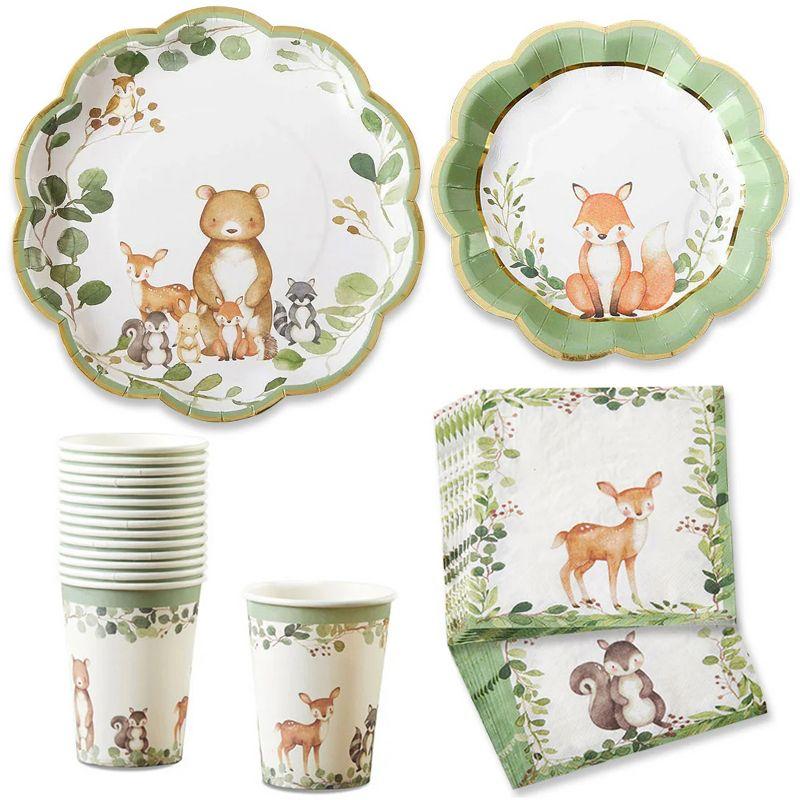 Kate Aspen Kate Aspen Woodland Baby Shower Decorations; 78-Piece Disposable Party Plates; Cups & Napkins Set for 16 Guests – Adorable Woodland Animals Theme, Table Decor; Birthday; Gender Neutral Party (Set of 78)