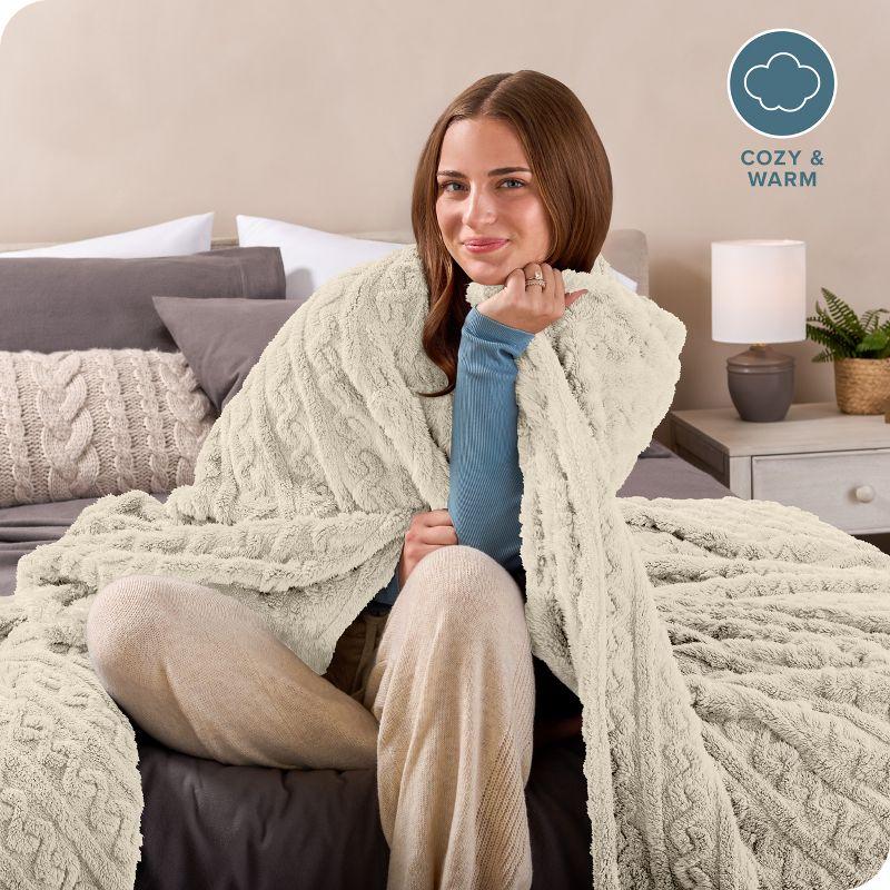 Oyster - Cable Twin/Twin XL Cozy Faux Shearling Bed Blanket by Bare Home