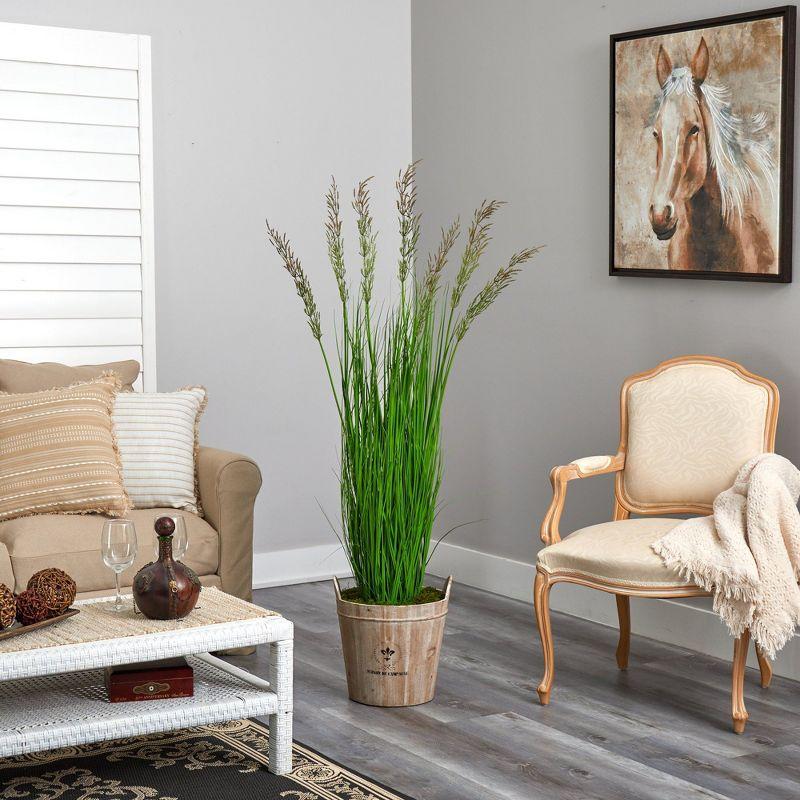 Tall Green Artificial Wheat Grass in Rustic Wooden Planter