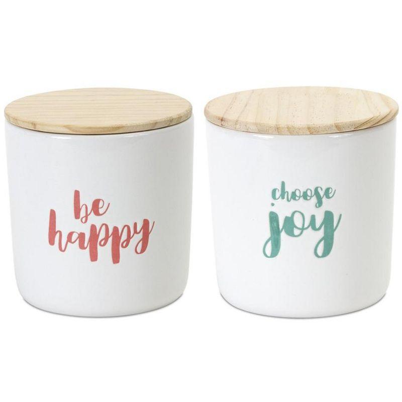 White Ceramic Sentiment Canisters with Wooden Lids, Set of 2