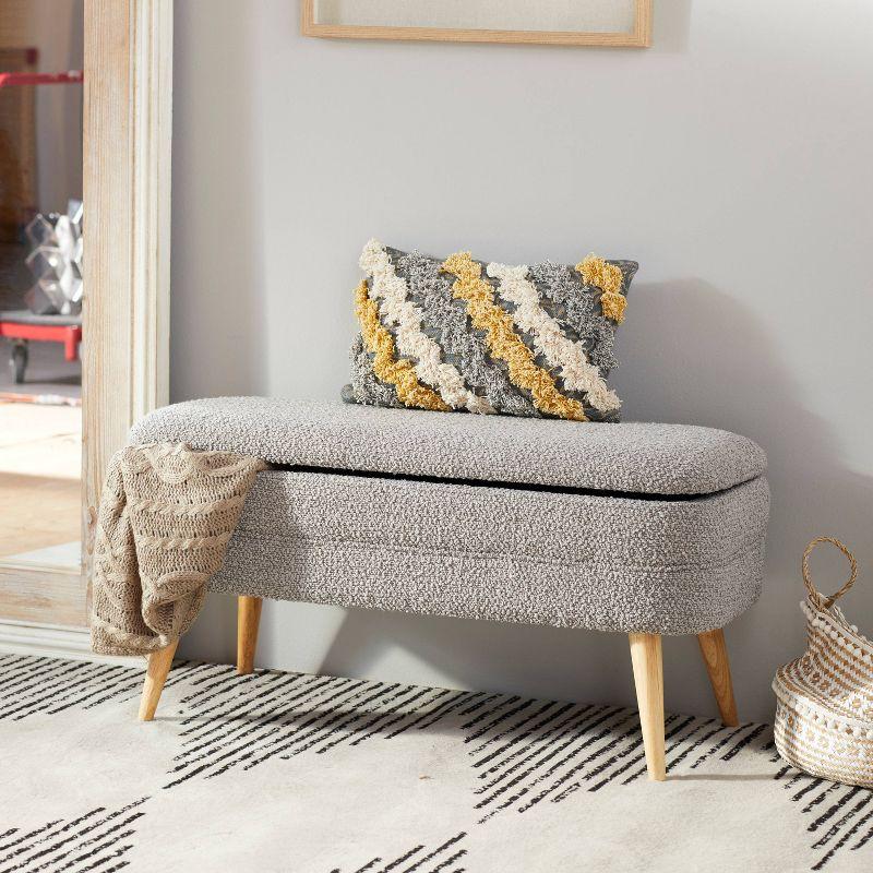 Contemporary Gray Bouclé Storage Bench with Mid-Century Legs