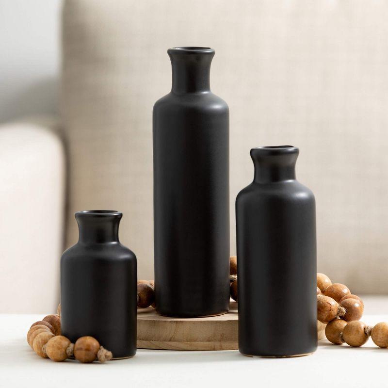 Sullivans Matte Black Set of 3 Small Ceramic Bottle Vases 5"H  7.5"H & 10"H Black