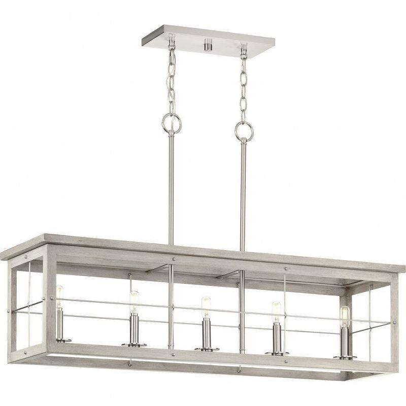 Progress Lighting, Hedgerow Collection, 5-Light Linear Island Chandelier, Brushed Nickel, Grey Washed Oak Shade