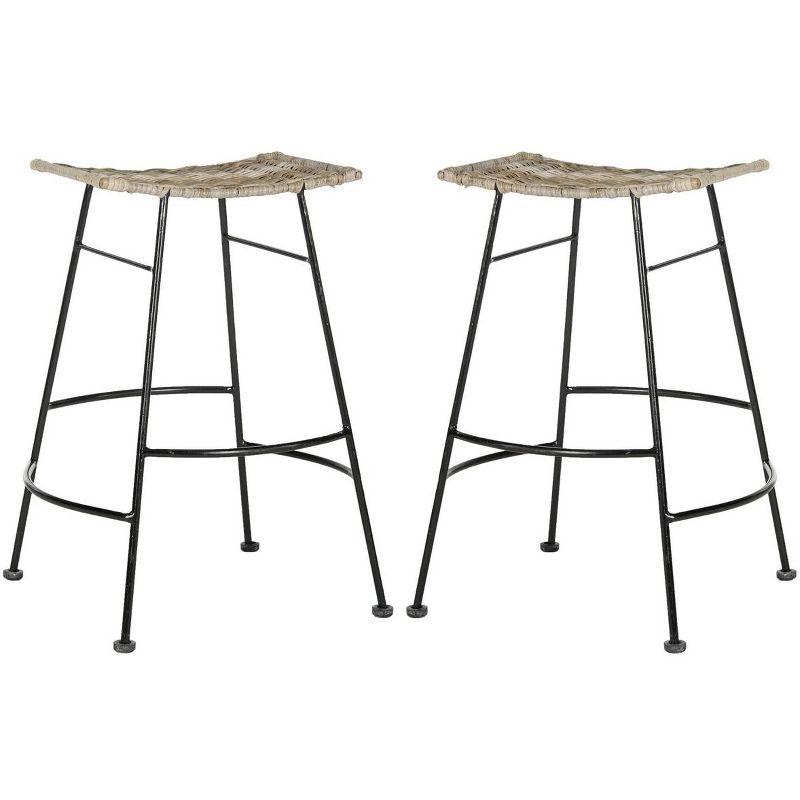 Gray Rattan and Metal Backless Counter Stools, Set of 2