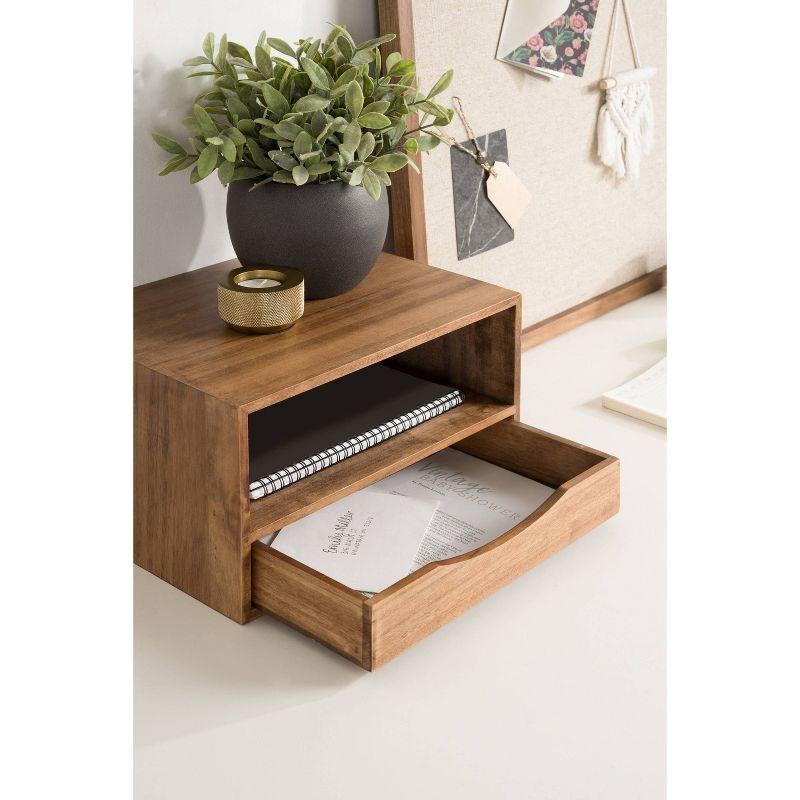 Rustic Brown Poplar Wood Floating Wall Shelf with Drawer