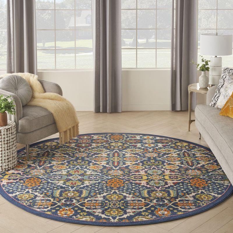 Navy Multicolor Round Floral Synthetic Area Rug, 7'10"