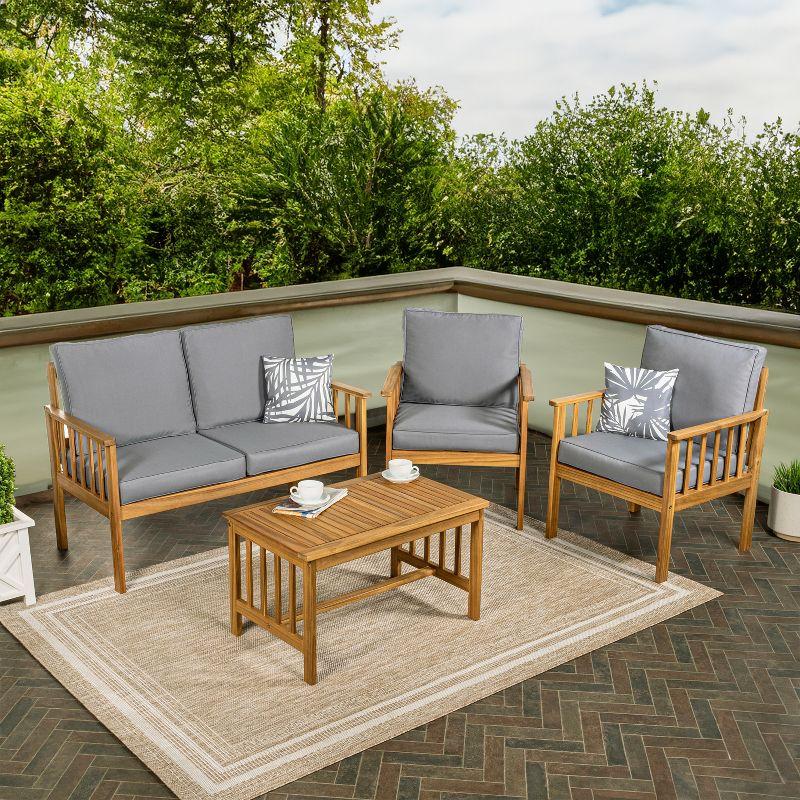 Everly 4-Piece Modern Cottage Acacia Wood Outdoor Patio Set with Cushions and Tropical Decorative Pillows - JONATHAN Y