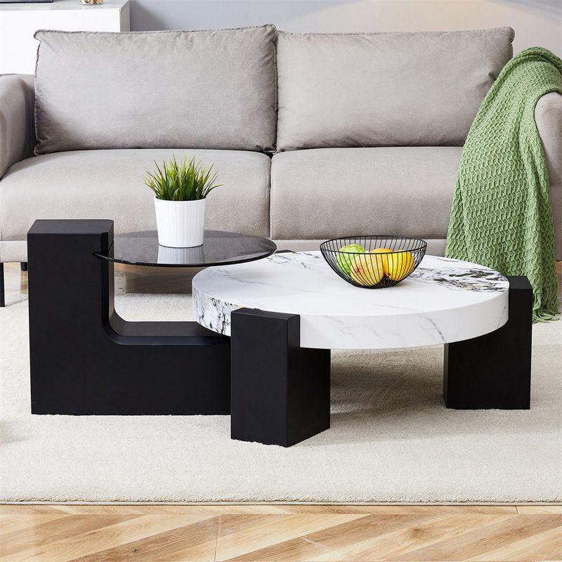 Modern Coffee Tables Set of 2, Coffee Table with Detachable Nightstand, Accent Center Table with Glass Top Side Table for Bedroom Office