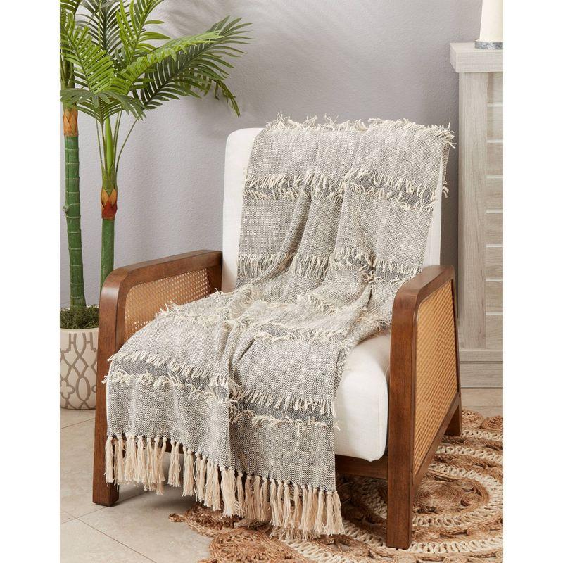 50"x60" Bohemian Bliss Textured Striped Fringe Throw Blanket Gray - Saro Lifestyle: Cotton, Machine Washable