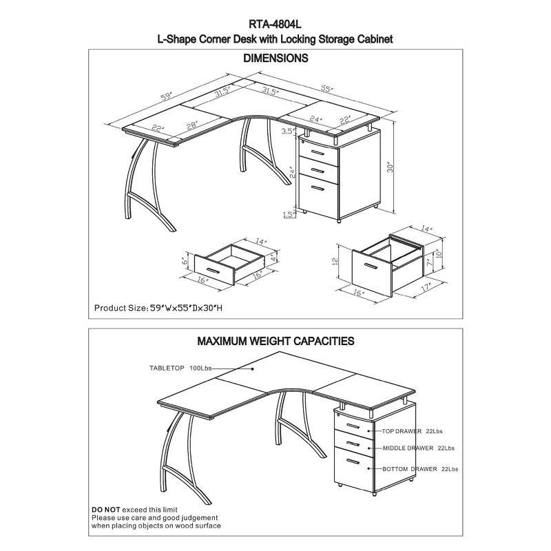 Techni Mobili Modern L Shaped Computer Desk with File Cabinet and Storage Espresso Brown: Office Workstation, MDF & Steel Construction