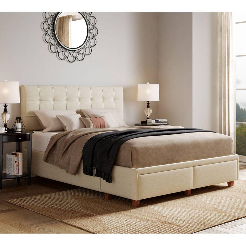 Edmond Queen-Size Cream Tufted Upholstered Platform Bed with Storage