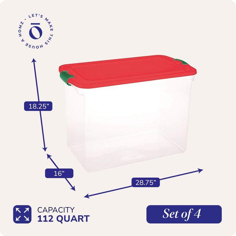 HOMZ 112-Quart Holiday Clear Plastic Ornament Storage, Red/Green, 4 Pack