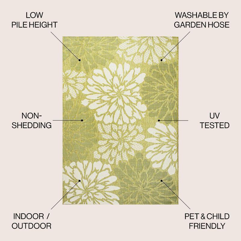 5' x 5' Zinnia Modern Floral Textured Weave Indoor/Outdoor Area Rug, Green/Cream - JONATHAN Y