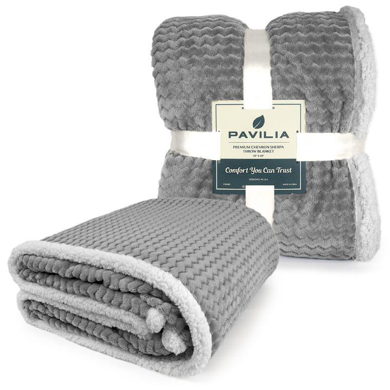 PAVILIA Soft Fleece Blanket Throw for Couch, Lightweight Plush Warm Blankets for Bed Sofa with Jacquard Pattern, Gray/Throw - 50x60