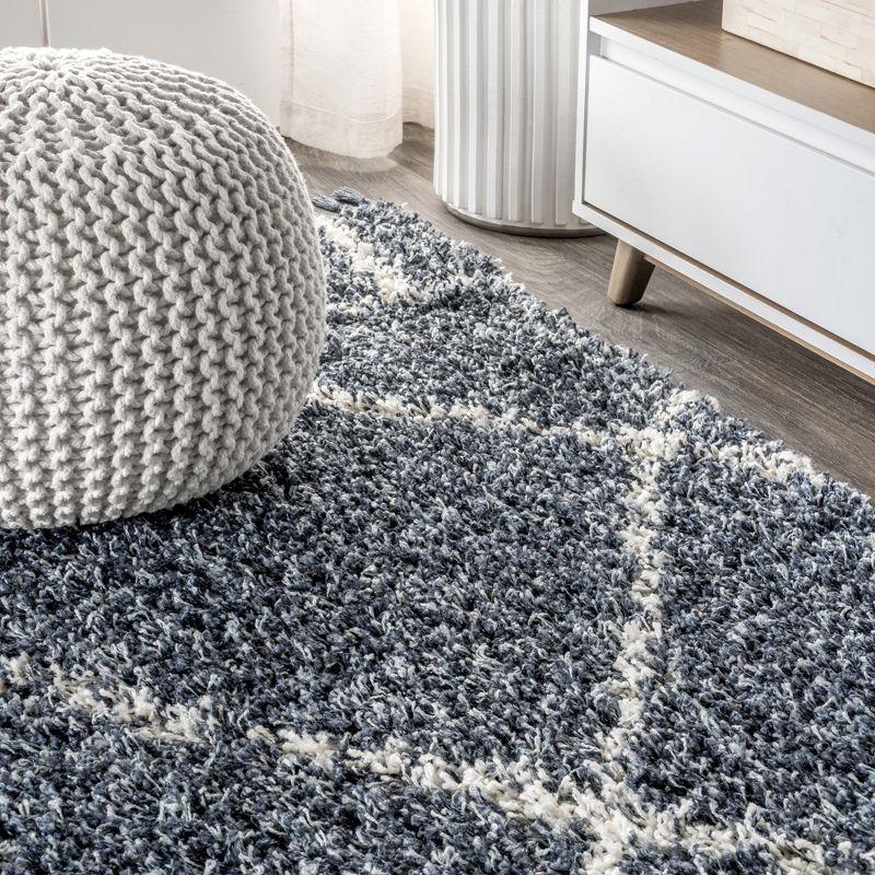 4'x6' Mercer Shag Plush Tassel Moroccan Geometric Trellis Area Rug, Denim/Cream - JONATHAN Y