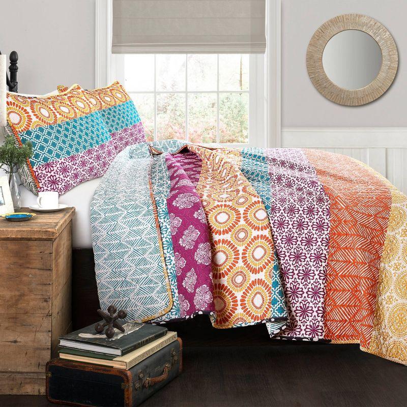 3pc Bohemian Stripe Reversible Oversized Cotton Quilt Bedding Set - Lush Décor