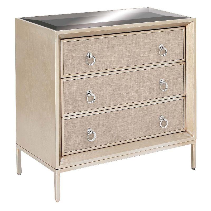 Imboden Wooden Upholstered Front Panel 3 Drawer Room Chest with Mirrored Top and Ring Handles