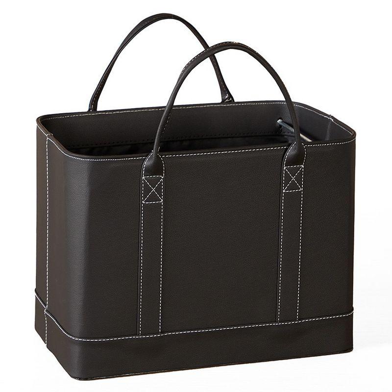 Black Faux Leather File Organizer Tote with White Stitching