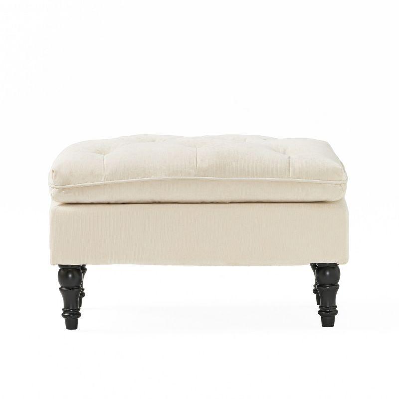 Cream Tufted Fabric Rectangular Ottoman with Turned Legs