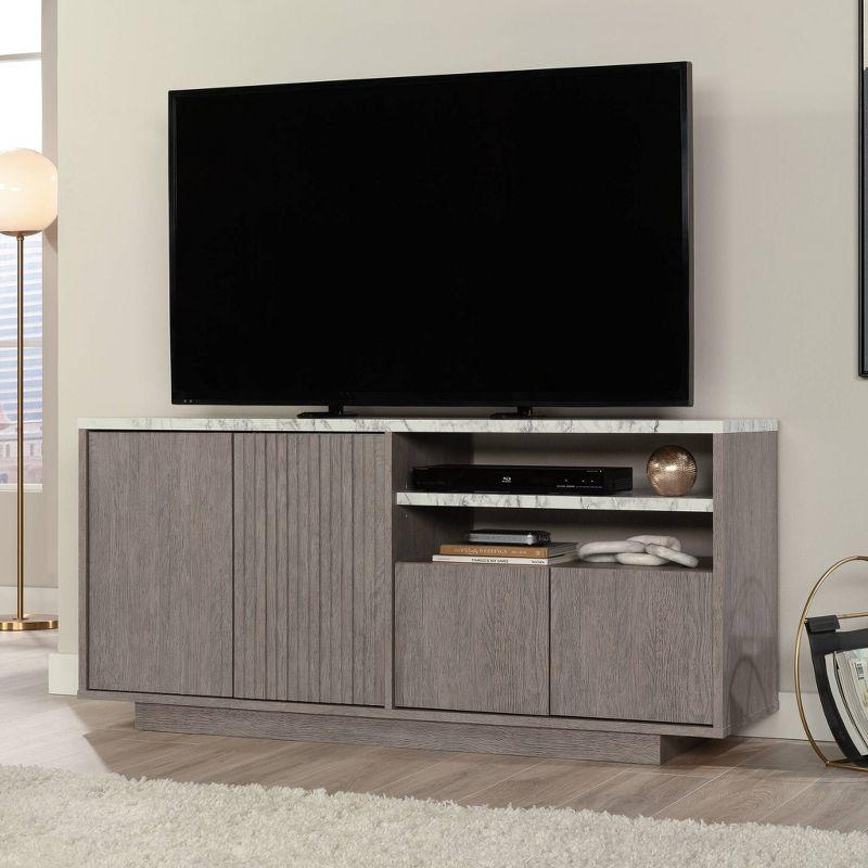 Ashen Oak and Faux White Marble Media Console with Cabinet