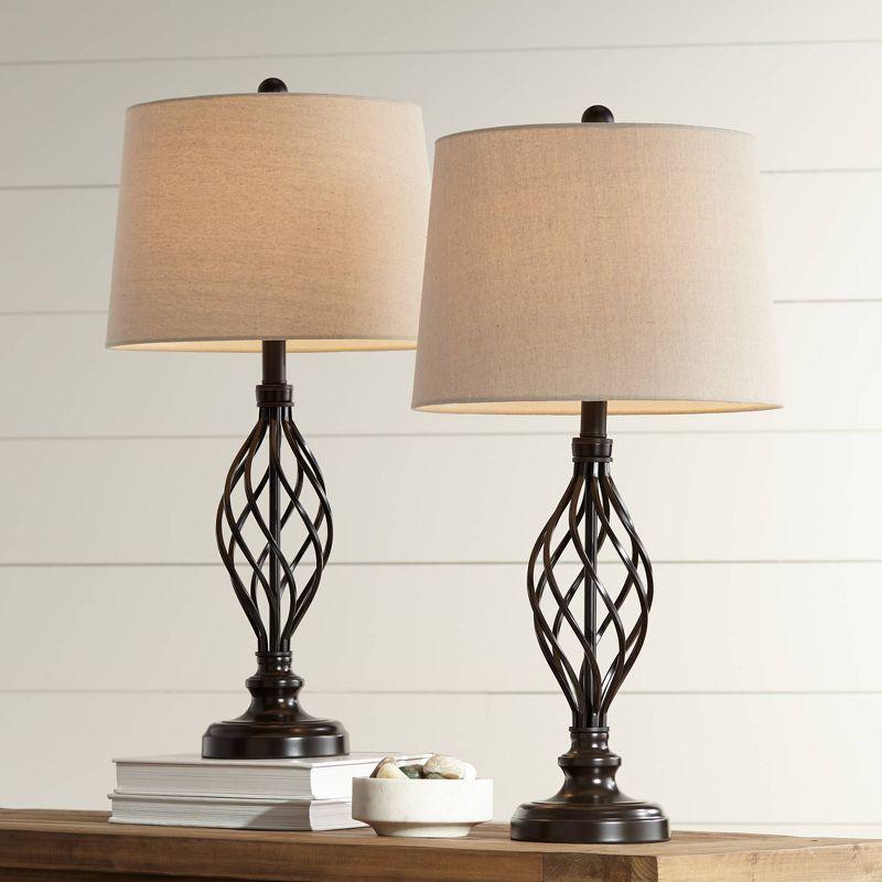 Annie Bronze Iron Scroll Table Lamps Set with Cream Drum Shade