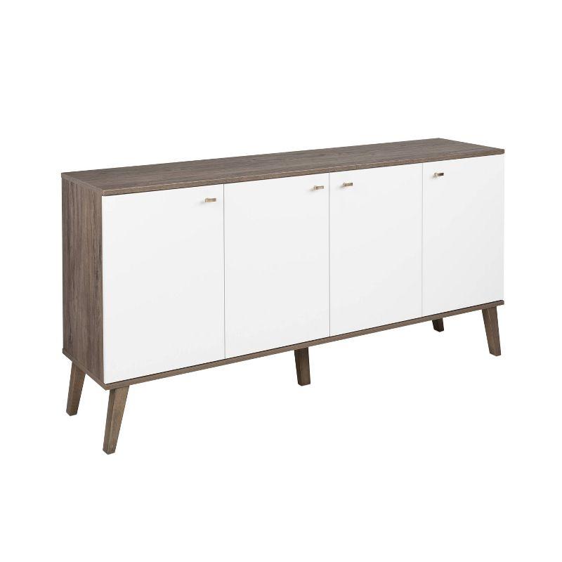 Milo Mid-Century Modern 4 Door Buffet Server Gray/White - Prepac: Laminated Composite Wood, Adjustable Shelves