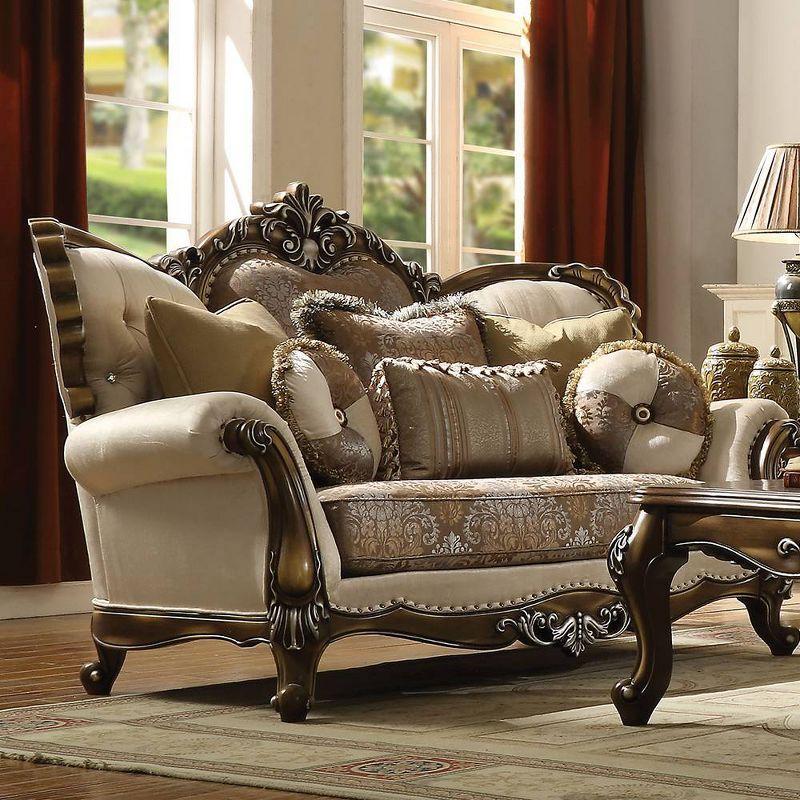 Latisha Tan Floral Fabric Loveseat with Nailhead Trim