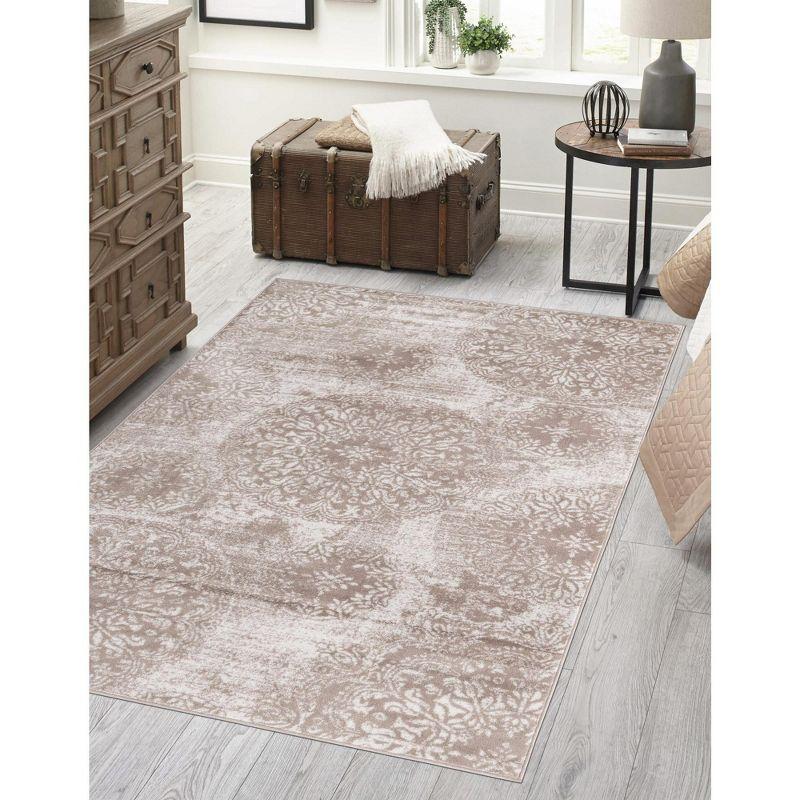 Beige and Brown Synthetic Low Pile Bohemian Area Rug